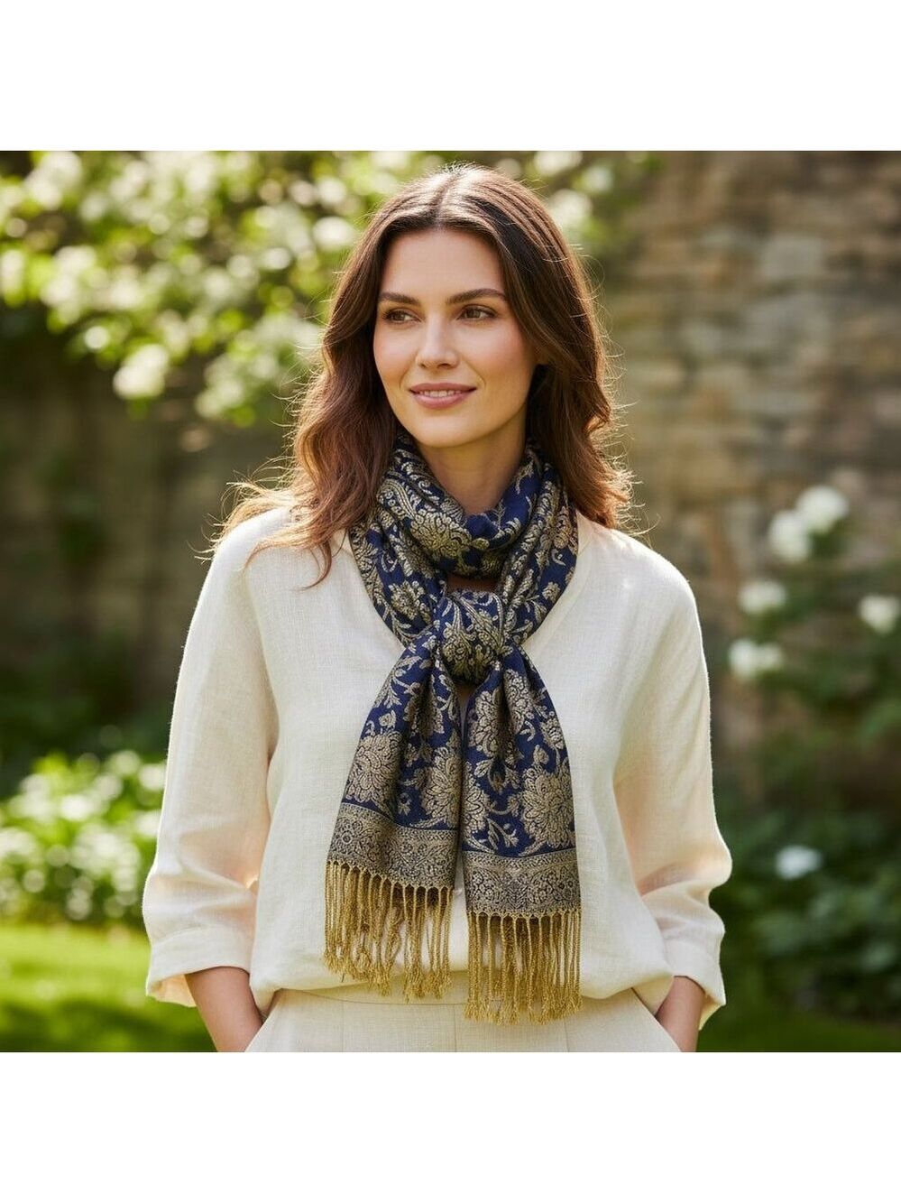 Blue Gold Paisley Jacquard Scarf Shawl Fringe Boho Wrap Women 72x28 - Picture 9 of 9